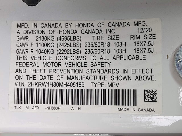 2HKRW1H80MH405189 Honda Cr-v 2wd Ex-l