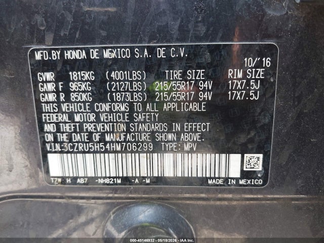 Aukcja sprzedaży 2017 Honda Hr-v Ex, vin: 3CZRU5H54HM706299, numer aukcji: 45146932