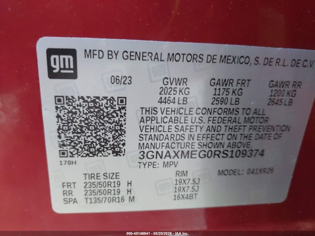 45146941 :رقم المزاد ، 3GNAXMEG0RS109374 vin ، 2024 Chevrolet Equinox Fwd Rs مزاد بيع