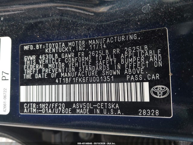 Aukcja sprzedaży 2015 Toyota Camry Se, vin: 4T1BF1FK6FU001351, numer aukcji: 45146946