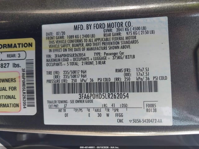 Aukcja sprzedaży 2020 Ford Fusion Se, vin: 3FA6P0HD5LR262054, numer aukcji: 45146951
