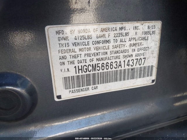 Продажа на аукционе авто 2003 Honda Accord 2.4 Ex, vin: 1HGCM56663A143707, номер лота: 45146956