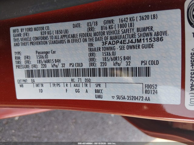 2018 Ford Fiesta Se მანქანა იყიდება აუქციონზე, vin: 3FADP4EJ4JM115386, აუქციონის ნომერი: 45146964