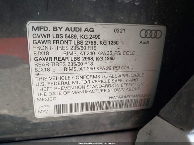 2021 Audi Q5 Premium 45 Tfsi Quattro S Tronic მანქანა იყიდება აუქციონზე, vin: WA1AAAFY1M2082491, აუქციონის ნომერი: 45146970