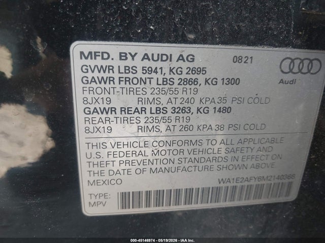 Продажа на аукционе авто 2021 Audi Q5 Premium Plus 55 Tfsi E Quattro S Tronic, vin: WA1E2AFY6M2140366, номер лота: 45146974