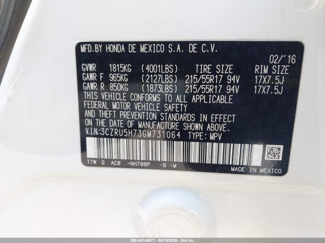 Aukcja sprzedaży 2016 Honda Hr-v Ex-l, vin: 3CZRU5H73GM731064, numer aukcji: 45146977