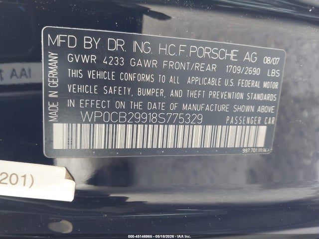 Продаж на аукціоні авто 2008 Porsche 911 Carrera S, vin: WP0CB29918S775329, номер лоту: 45146985