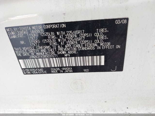 45146995 :رقم المزاد ، JTMZK31V385020271 vin ، 2008 Toyota Rav4 Limited V6 مزاد بيع