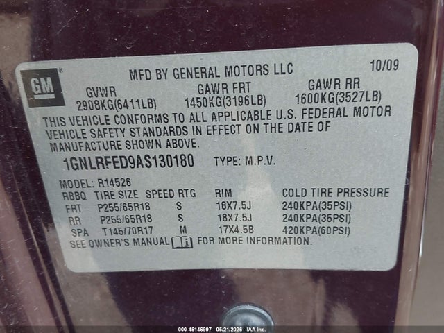 45146997 :رقم المزاد ، 1GNLRFED9AS130180 vin ، 2010 Chevrolet Traverse Lt مزاد بيع