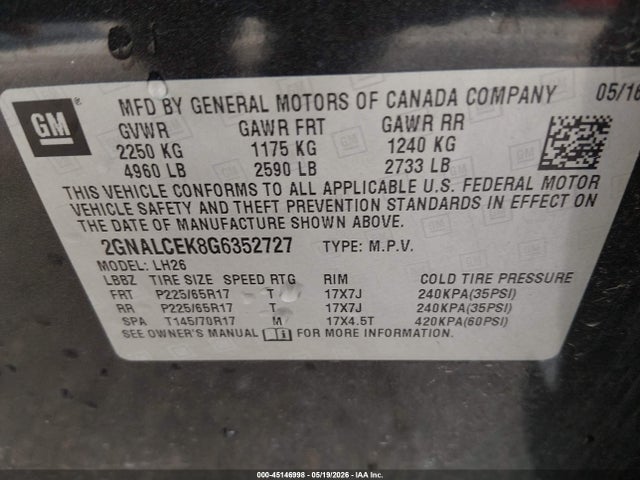 2GNALCEK8G6352727 Chevrolet EQUINOX LT