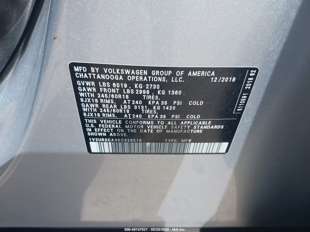 1V2UR2CA6KC528519 Volkswagen Atlas 3.6l V6 Se W/technology