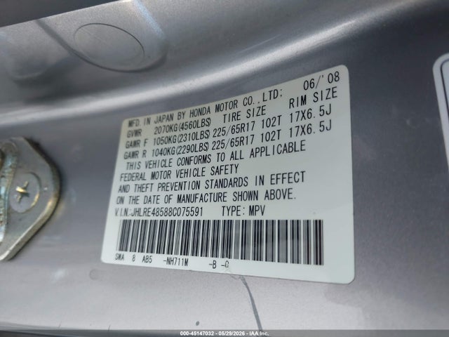 45147032 :رقم المزاد ، JHLRE48588C075591 vin ، 2008 Honda Cr-v Ex مزاد بيع