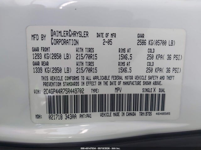 45147034 :رقم المزاد ، 2C4GP44R75R449702 vin ، 2005 Chrysler Town & Country Lx مزاد بيع