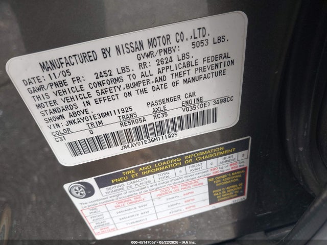 Продаж на аукціоні авто 2006 Infiniti M35 Sport, vin: JNKAY01E36M111925, номер лоту: 45147057