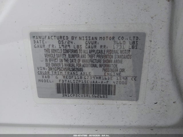 45147060 :رقم المزاد ، 3N1CP5CV5RL562685 vin ، 2024 Nissan Kicks Sv Xtronic Cvt مزاد بيع