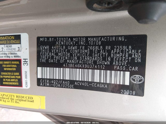 45147065 :رقم المزاد ، 4T1BE46KX9U374112 vin ، 2009 Toyota Camry Xle مزاد بيع