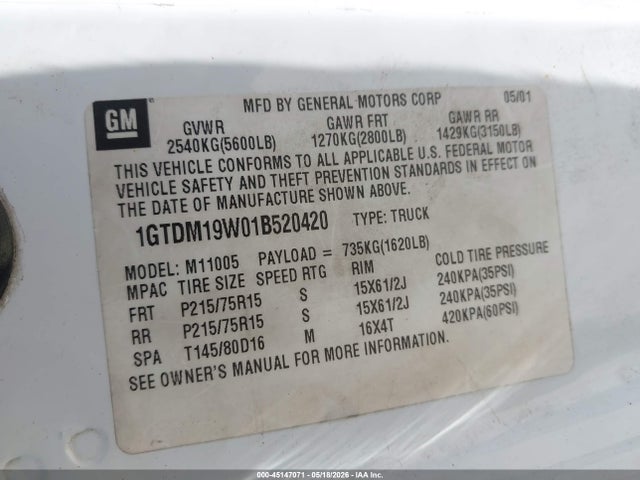 45147071 :رقم المزاد ، 1GTDM19W01B520420 vin ، 2001 Gmc Safari Sl مزاد بيع