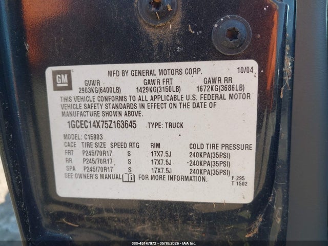 2005 Chevrolet Silverado 1500 Work Truck მანქანა იყიდება აუქციონზე, vin: 1GCEC14X75Z163645, აუქციონის ნომერი: 45147072
