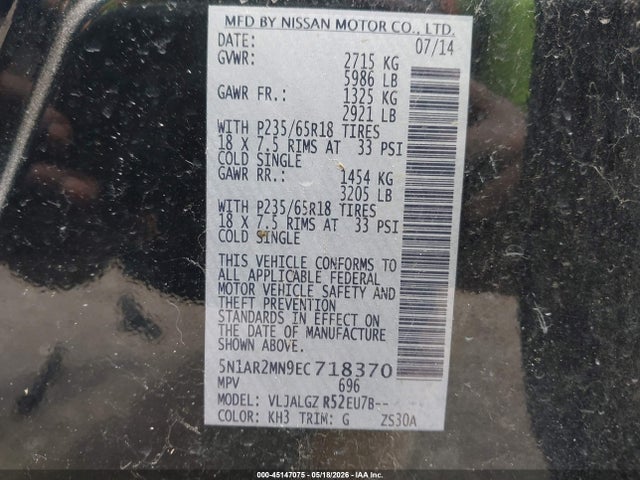 Продаж на аукціоні авто 2014 Nissan Pathfinder Sl, vin: 5N1AR2MN9EC718370, номер лоту: 45147075
