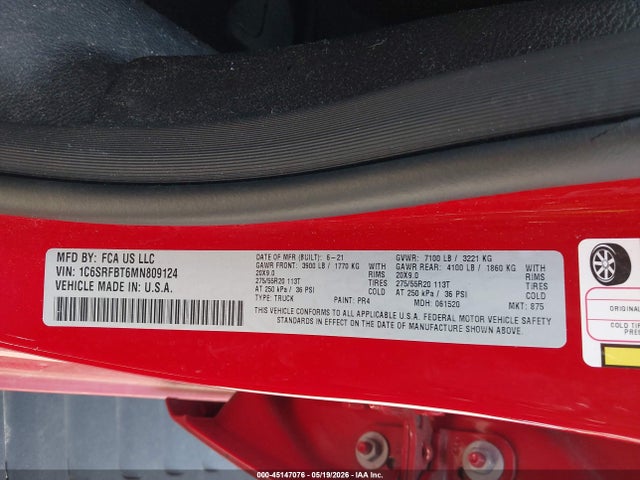 Продаж на аукціоні авто 2021 Ram 1500 Big Horn  4x4 6'4 Box, vin: 1C6SRFBT6MN809124, номер лоту: 45147076