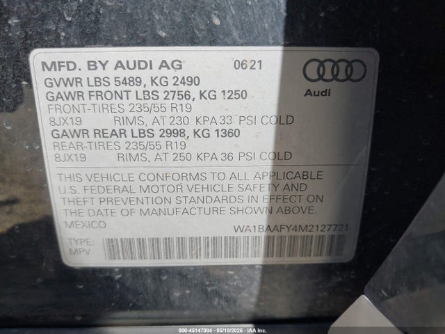 2021 Audi Q5 Premium Plus 45 Tfsi Quattro S Tronic მანქანა იყიდება აუქციონზე, vin: WA1BAAFY4M2127721, აუქციონის ნომერი: 45147084
