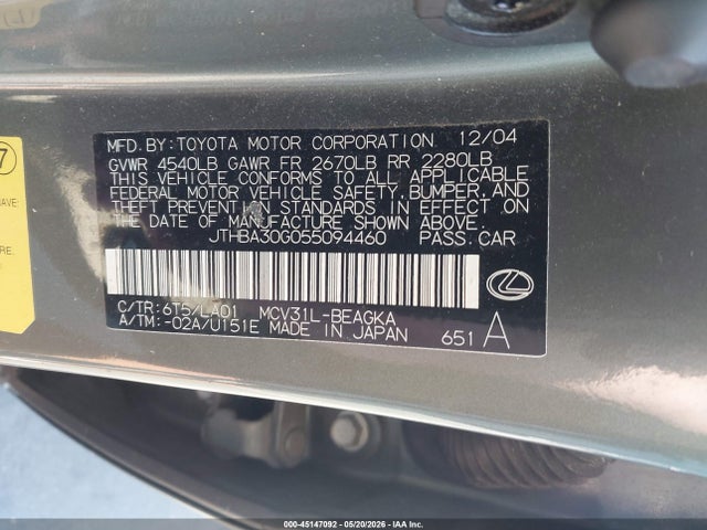 Aukcja sprzedaży 2005 Lexus Es 330, vin: JTHBA30G055094460, numer aukcji: 45147092