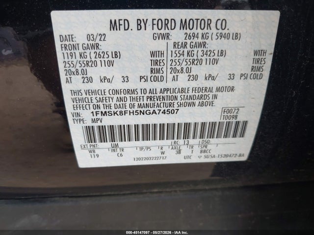 45147097 :رقم المزاد ، 1FMSK8FH5NGA74507 vin ، 2022 Ford Explorer Limited مزاد بيع