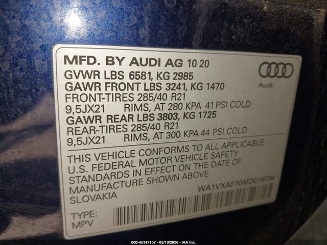 45147107 :رقم المزاد ، WA1VXAF70MD019734 vin ، 2021 Audi Q7 Prestige 55 Tfsi Quattro Tiptronic مزاد بيع
