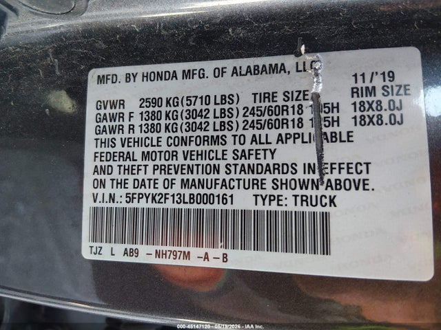 Honda Ridgeline 2wd Sport 2020 5FPYK2F13LB000161 Image 9