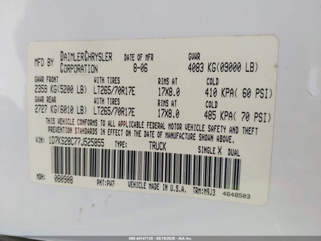 Продаж на аукціоні авто 2007 Dodge Ram 2500 Slt/sport, vin: 1D7KS28C77J525855, номер лоту: 45147130