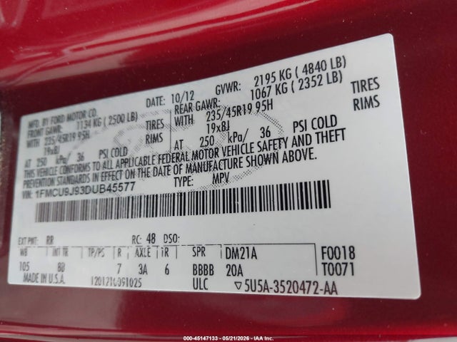 45147133 :رقم المزاد ، 1FMCU9J93DUB45577 vin ، 2013 Ford Escape Titanium مزاد بيع