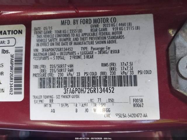 Ford FUSION SE 2016 3FA6P0H72GR134452 Image 9