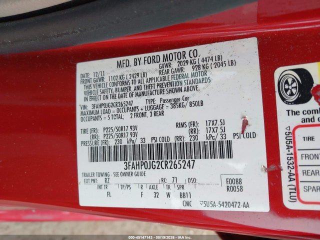Продажа на аукционе авто 2012 Ford Fusion Sel, vin: 3FAHP0JG2CR265247, номер лота: 45147143