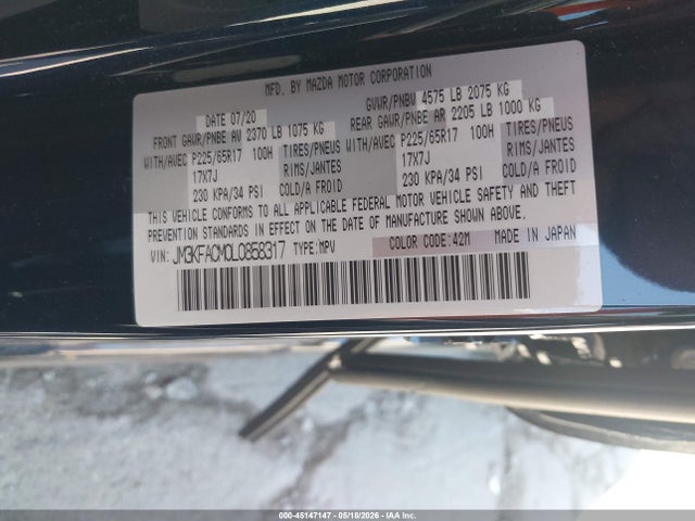 45147147 :رقم المزاد ، JM3KFACM0L0858317 vin ، 2020 Mazda Cx-5 Touring مزاد بيع