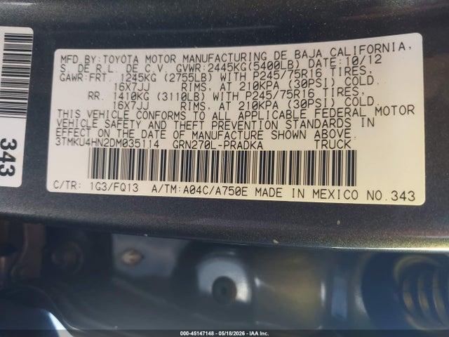 Продажа на аукционе авто 2013 Toyota Tacoma Prerunner V6, vin: 3TMKU4HN2DM035114, номер лота: 45147148