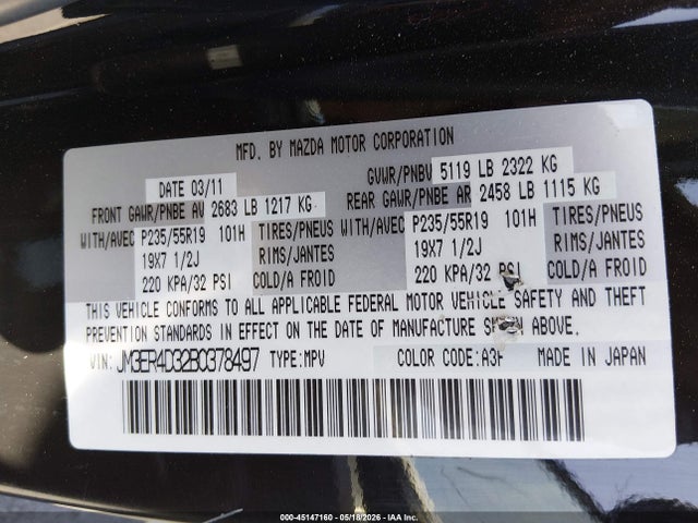 45147160 :رقم المزاد ، JM3ER4D32B0378497 vin ، 2011 Mazda Cx-7 S Grand Touring مزاد بيع