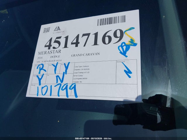 Auction sale of the 2016 Dodge Grand Caravan Se, vin: 2C4RDGBG4GR184244, lot number: 45147169