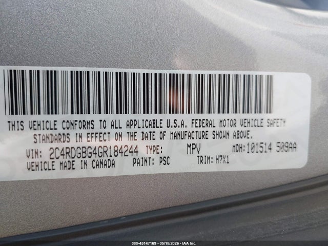 Auction sale of the 2016 Dodge Grand Caravan Se, vin: 2C4RDGBG4GR184244, lot number: 45147169