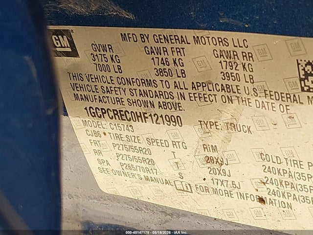 45147175 :رقم المزاد ، 1GCPCREC0HF121990 vin ، 2017 Chevrolet Silverado 1500 1lt مزاد بيع