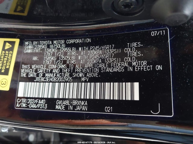 Продажа на аукционе авто 2011 Toyota Highlander Hybrid Base V6, vin: JTEBC3EH0B2003905, номер лота: 45147179