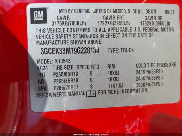Aukcja sprzedaży 2009 Chevrolet Silverado 1500 Ltz, vin: 3GCEK33M79G228134, numer aukcji: 45147181