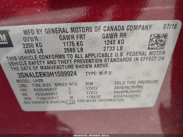 Продаж на аукціоні авто 2017 Chevrolet Equinox Lt, vin: 2GNALCEK9H1509924, номер лоту: 45147182