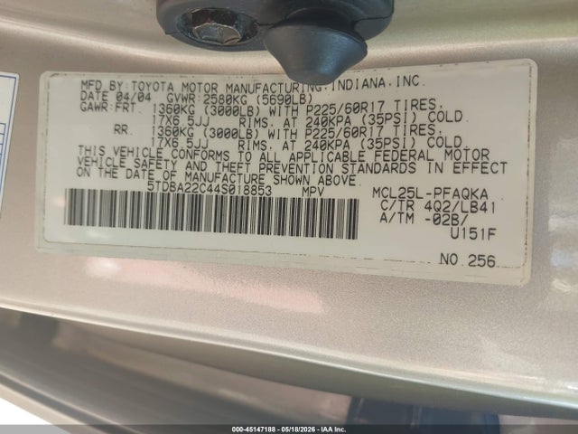 Продажа на аукционе авто 2004 Toyota Sienna Xle, vin: 5TDBA22C44S018853, номер лота: 45147188