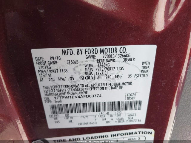 Продажа на аукционе авто 2010 Ford F-150, vin: 1FTFW1EV4AFD63774, номер лота: 45147196