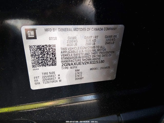 Aukcja sprzedaży 2019 Chevrolet Equinox Lt, vin: 2GNAXUEV2K6115180, numer aukcji: 45147199