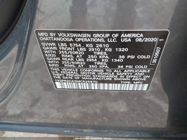 1V2PR2CA3MC525870 Volkswagen Atlas 3.6l V6 Se W/technology R-line