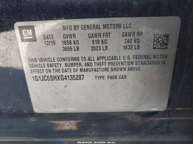 45147208 :رقم المزاد ، 1G1JC6SHXG4135287 vin ، 2016 Chevrolet Sonic Lt Auto مزاد بيع