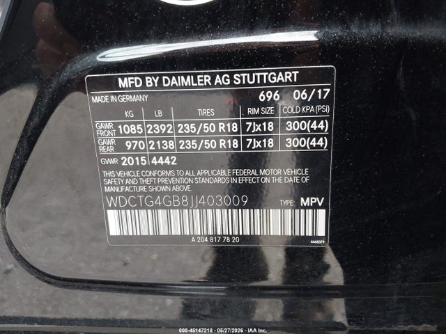Aukcja sprzedaży 2018 Mercedes-benz Gla 250 4matic, vin: WDCTG4GB8JJ403009, numer aukcji: 45147218