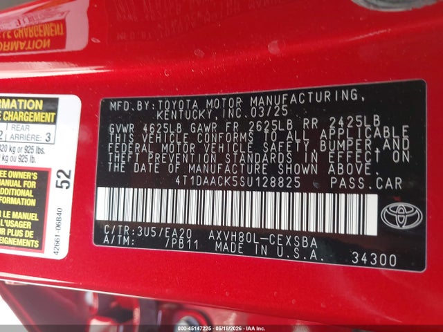 45147225 :رقم المزاد ، 4T1DAACK5SU128825 vin ، 2025 Toyota Camry Se مزاد بيع
