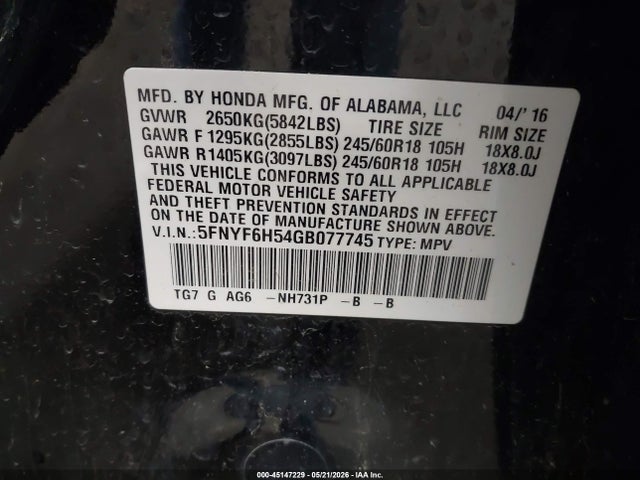 Продажа на аукционе авто 2016 Honda Pilot Ex-l, vin: 5FNYF6H54GB077745, номер лота: 45147229